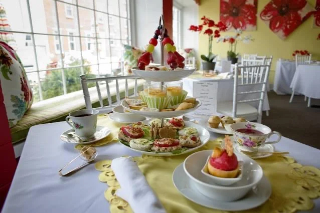 desserts and tea on table