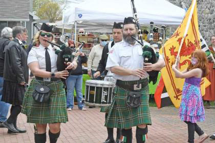 Scottish bagpipe band marching