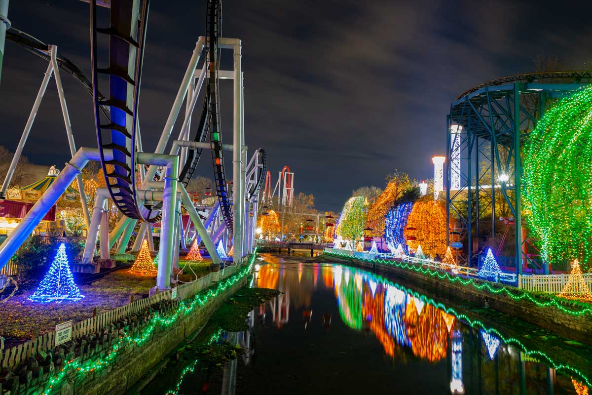 Adventure park rides decorated lights