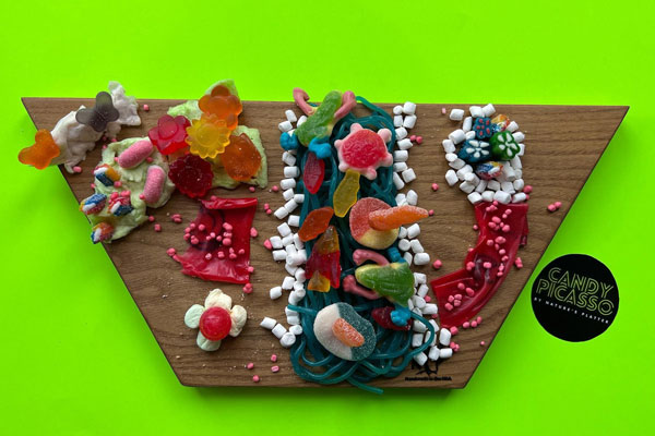 Gummies on wooden platter