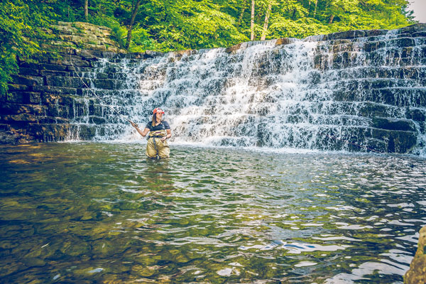 A Lady fishing near water falls