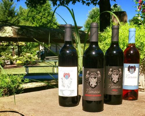 A photo of four bottles of wine on a table outside La Casa Narcisi Winery