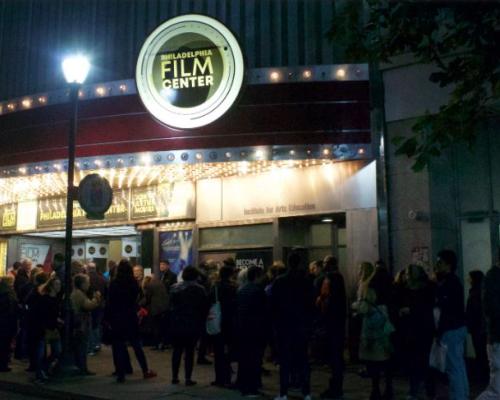 A photo of the marquee at night at the Philadelphia Film Center