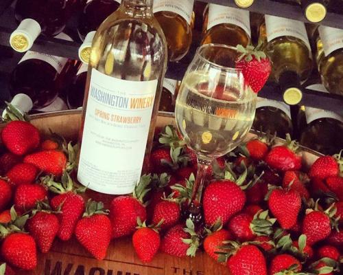 washington winery bottles and glass, strawberries