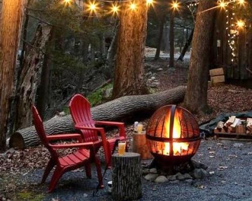 String lights around a campfire